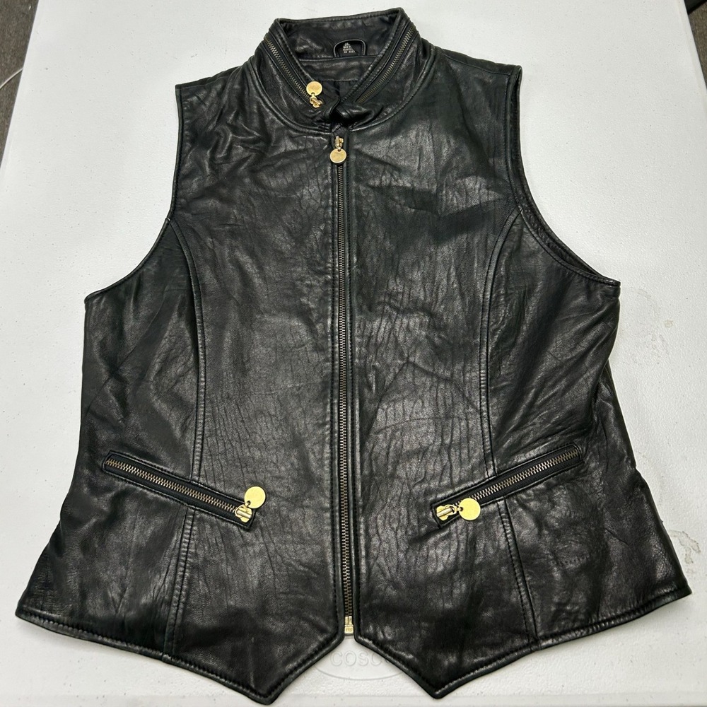 Leather Vest Womens Large Black Gold Hardware Zip Up Moto Biker C3